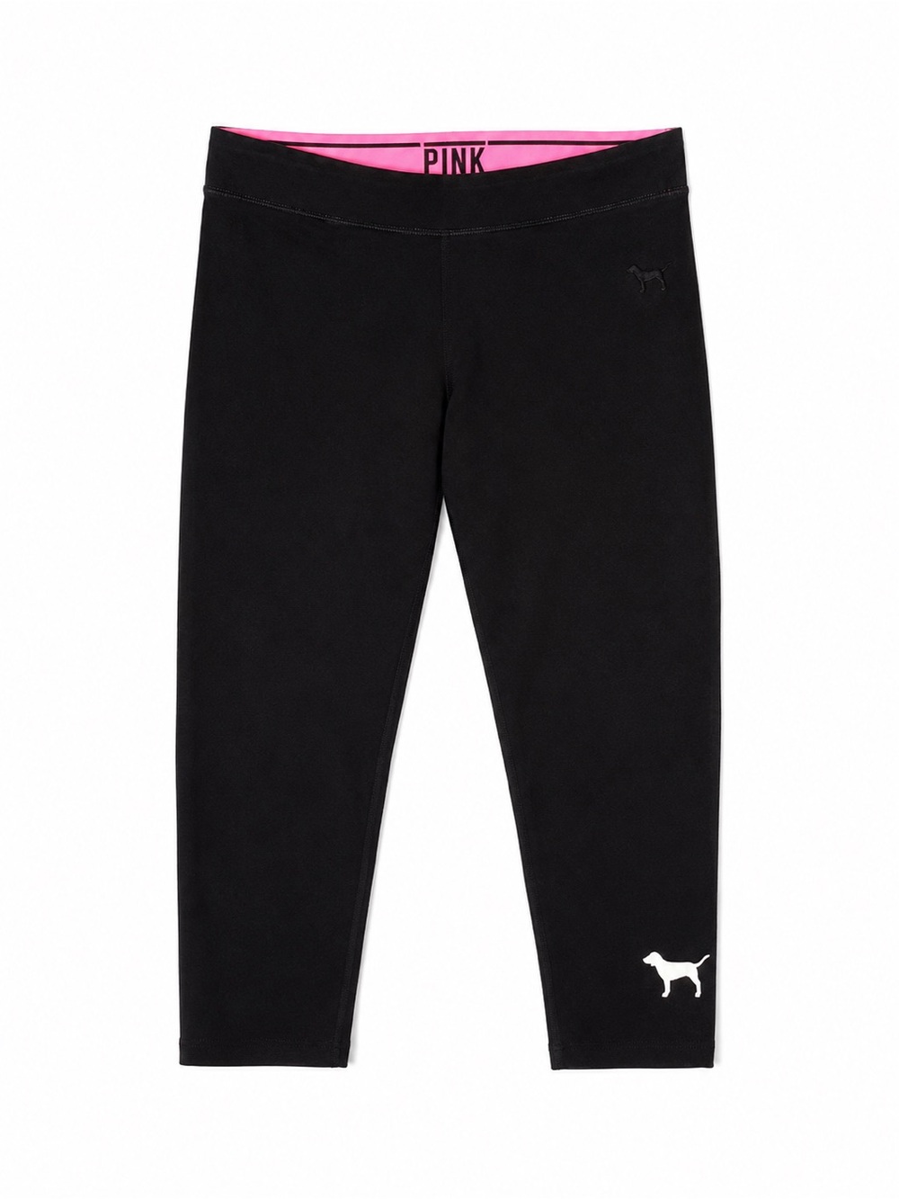 Victoria’s Secret PINK Yoga Black Capri Leggings XS Pink Waistband Dog Logo